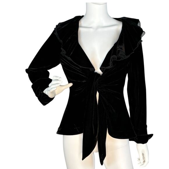 Size M Velvet Wrap Top Jacket Whimsigoth Y2K Ruffle 90s Goth Holiday Glam Black - Picture 1 of 8